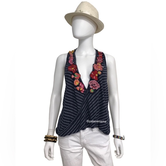 FREE PEOPLE WOMENS EMBROIDERED FLORAL STRIPE TANK TOP SIZE S - Picture 1 of 2